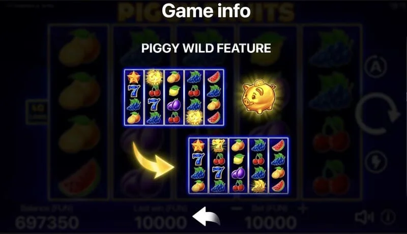 Piggy Fruits - ekran igre sa mrežom 5x4 i simbolima voća